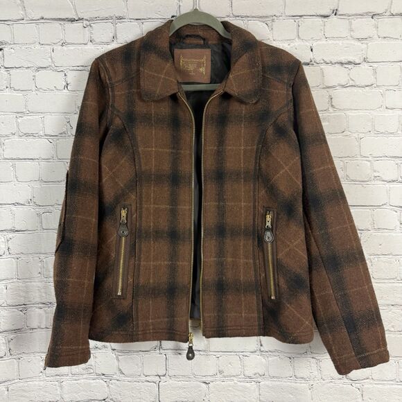 Ruff Hewn Full Zip Jacket Wool Blend Elbow Patch Womens L Brown Plaid Zip Pocket - Picture 1 of 13